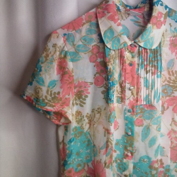 Emma James Blouse M Short Sleeve Button Up Sheer Floral Blue Pink - Picture 13 of 16